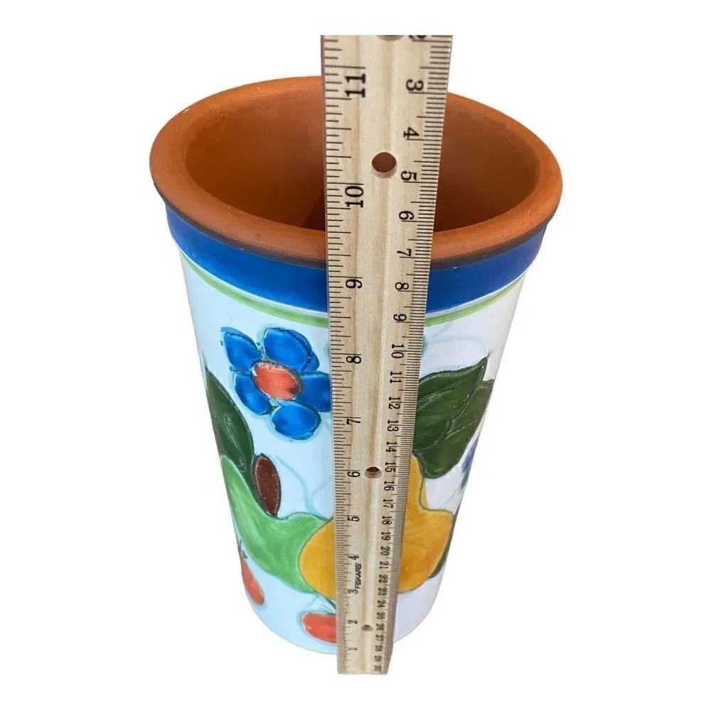 Vtg Italy Utensil Holder Wine Cooler Hand Painted Terracotta Floral Fruit 9.25